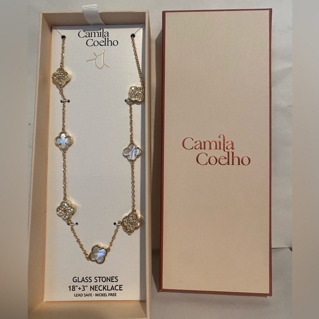 Camila Coelho 7 Motif Staton Clover Gold Necklace Mother Of Pearl + Crystals
